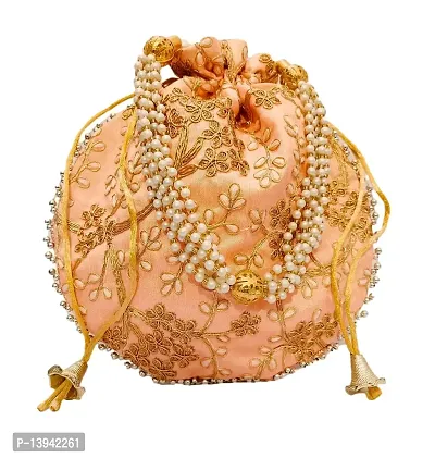 Light Peach fabric wedding potli for ladies for women handbags traditional Indian Wristlet with Drawstring Ethnic Embroidery Women Fashion Potli-thumb0