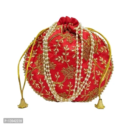 Red color Potli Women's Silk Swag Ethnic Embroidery Work Handmade Potli Bags for Women handbags Wedding Festive ethnic Velentine Gift-thumb0