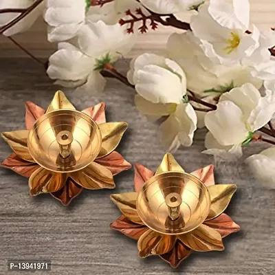 Copper and Brass Lotus Petals Designer Kamal Diyas for Diwali Decoration, Temple, Water Fountain, Golden -Pack of 2 Pieces-thumb0