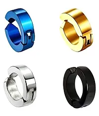 Nonpiercing Earrings for Men Jewelry Pack of 4 Black Blue Gold Silver Metal huggie Ear Studs-thumb1
