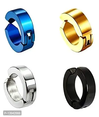 Nonpiercing Earrings for Men Jewelry Pack of 4 Black Blue Gold Silver Metal huggie Ear Studs-thumb2