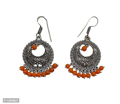 Drop and dangler silver earring with Orange Moti beads embellishment for women fashion drop and dangle earring set