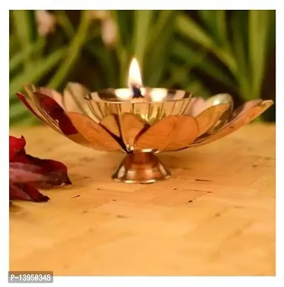 Copper Diya Oil lamp for | Puja Items | Gifting | Decorative Diya Item Flower Petals Pattern Table Copper Diya (4 inch Height)-thumb3