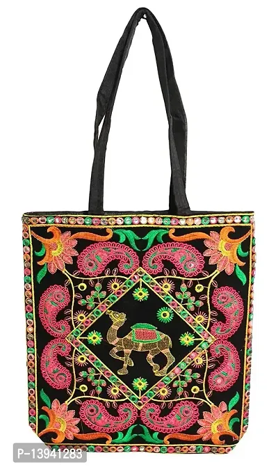 Black Tote Bags large for ladies Camel embroidered Ethnic Black handbags