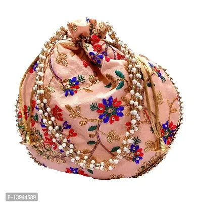Potli handbags for Women Hand carry pouches ethnic potli bags (Peach, Silk Gold Embroidered)-thumb0
