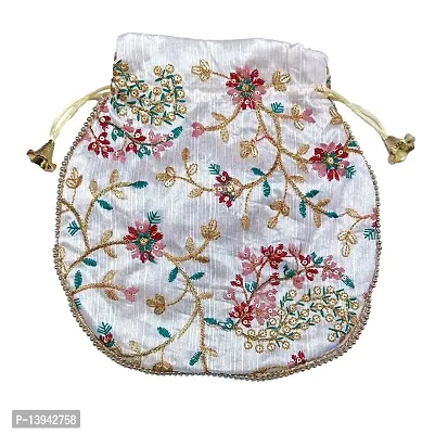 Potli handbags for Women Hand carry pouches for Return gifting ethnic potli bags Embroidered (off-white, Silk Gold Embroidered)-thumb2