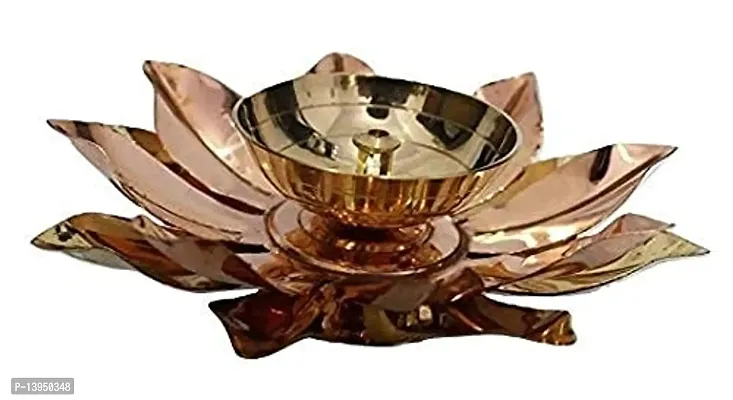 Copper Diya Oil lamp for | Puja Items | Gifting | Decorative Diya Item Flower Petals Pattern Table Copper Diya (4 inch Height)-thumb2