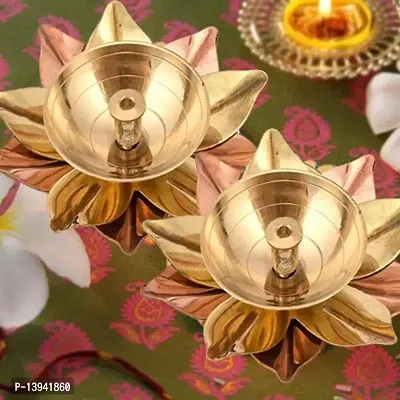 Copper and Brass Lotus Petals Designer Kamal Diya for Diwali Decoration, Temple, Water Fountain, Golden-thumb3
