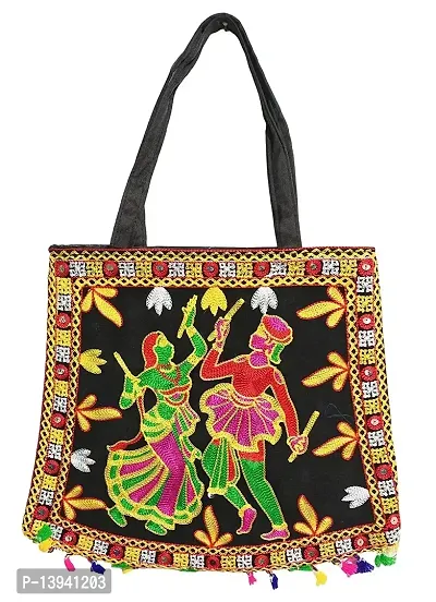 Black tote bags for ladies large multicolored embroidery dancing man women figurine Ethnic handbags tassel embellishment