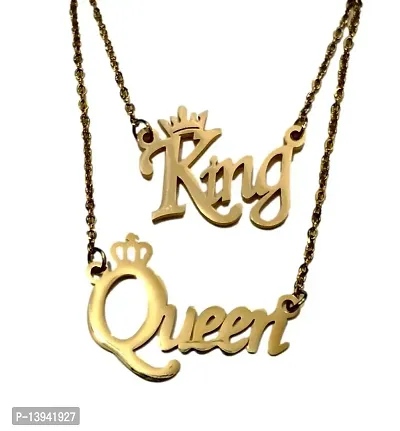 20 inches stainless steel (King and Queen) Name Pendants for women and girls with Golden Chain love locket for Gifting Jewellery