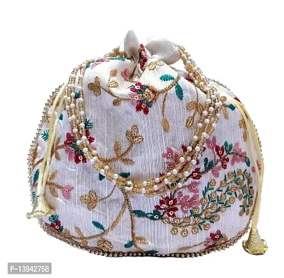 Potli handbags for Women Hand carry pouches for Return gifting ethnic potli bags Embroidered (off-white, Silk Gold Embroidered)-thumb0