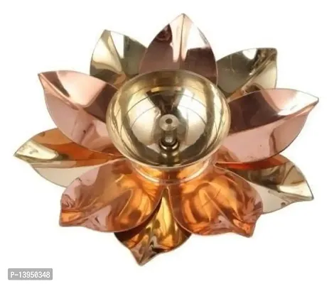 Copper Diya Oil lamp for | Puja Items | Gifting | Decorative Diya Item Flower Petals Pattern Table Copper Diya (4 inch Height)-thumb0