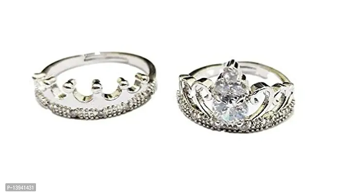 316L Pure Stainless Steel Stone Crown Couple Rings Engagement Wedding Valentine Ring Set For Girls and boys (Silver)-thumb0