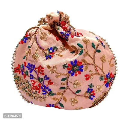 Potli handbags for Women Hand carry pouches ethnic potli bags (Peach, Silk Gold Embroidered)-thumb4