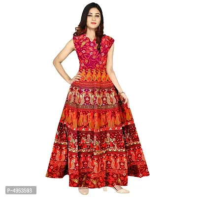 Trendy Cotton Blend Red Jaipuri Printed Gown For Women