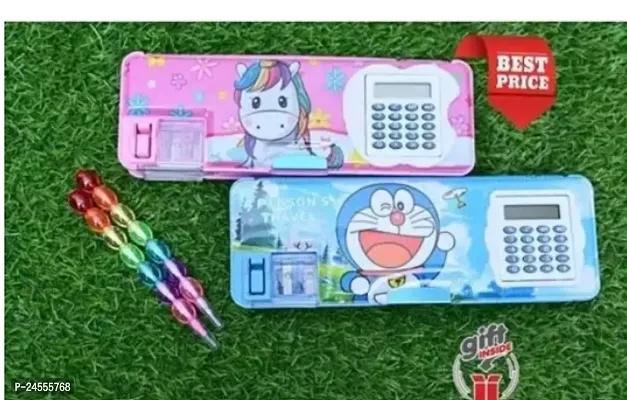 Premium Quality 2 Sets Of Geometry Box Pencil Box With Inbuilt Calculator Pencil Sharpner 2 Rainbow Pencils-thumb0