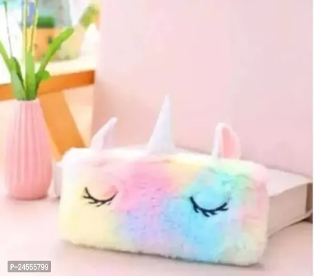 Premium Quality Unicorn Fur Faux Pencil Pouch Stationery Organiser White-thumb0