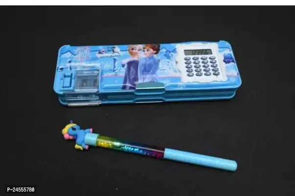 Premium Quality Latest Calculator Pencil Geometry Box For Kids Boys Girls With 2 Glitter Water Pen Blue