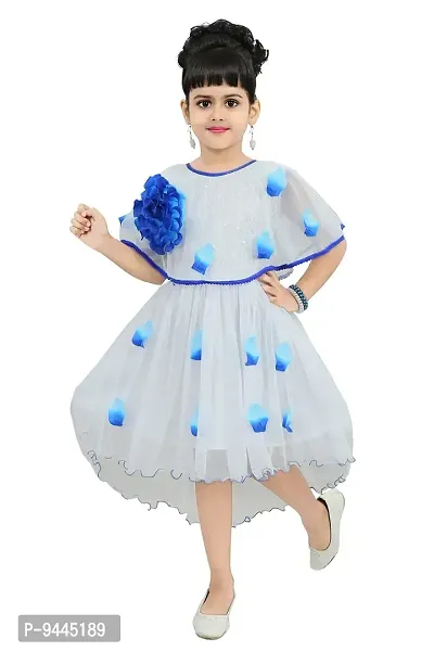 Chandrika Girls midi Knee Length White and Blue Flower Sleeveless Party Dress-thumb0