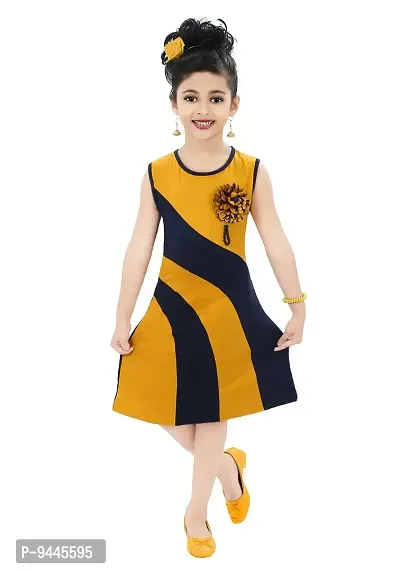 Chandrika Girls Casual Colour-Block Midi Dress for Kids Mustard