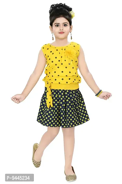 Chandrika Baby Girl's Self Design Knee Length Sleeveless A-Line Top and Skirt Set (CPGL014, Yellow, 12-24 Months)-thumb0