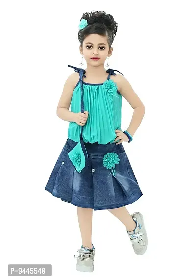 Chandrika Girl's Midi Top With Skirt (CPGL0023A-NEON-34_Neon Green_8 Years-9 Years)