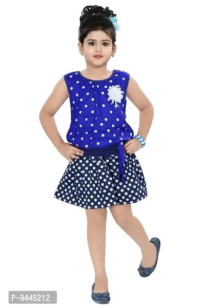 Chandrika Girl's Self Design Knee Length Sleeveless Top and Skirt Set Blue