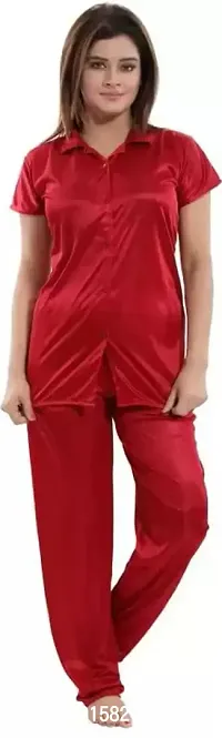 Addiction Women Comfortable Soft Satin 2 Pieces Top and Bottom Night Suit Set-Dark Red