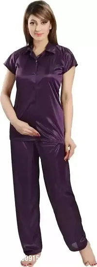 Addiction Women Comfortable Soft Satin 2 Pieces Top and Bottom Night Suit Set-Purple