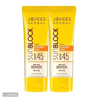 Jovees Sun Block Sunscreen SPF 45 | For Dry Skin | Water Proof, UVA/UVB Protection, Moisturization| Paraben and Alcohol Free | For Women/Men 50 G (Pack of 2)