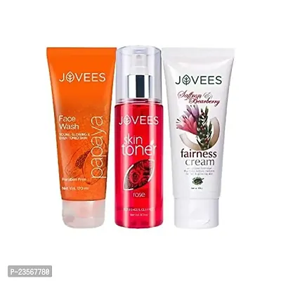 Jovees Herbal Face Care Combo For Normal Skin | Papaya Facewash 120ml | Rose Skin Toner 100ml | Saffron  Bearberry Fairness Cream 60g |