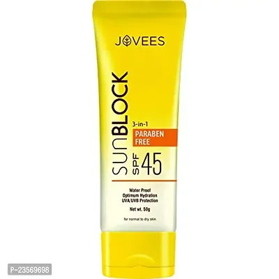 Jovees Sun Block Sunscreen SPF 45 | For Dry Skin | Water Proof, UVA/UVB Protection, Moisturization| Paraben and Alcohol Free | For Women/Men | Paraben And Alcohol Free | 50 G