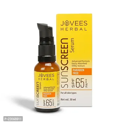 Jovees Sunscreen Face Serum SPF 65 with Green tea, Carrot and Sunflower extract, Broad spectrum Sun protection, Light weight  Water Resistant- For Oily  Acne Prone Skin - 30ml