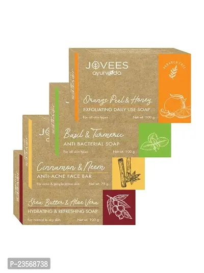 Jovees Herbal Orange Peel  Honey Soap 100 g, Basil Turmeric Anti Bacterial 100 g, Cinnamon  Neem Anti Acne Face Bar 75 g, Shea Butter  Aloe Vera Hydrating 100 g Soap Combo 4