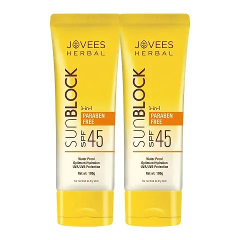 Jovees Sun Block Sunscreen SPF 45 | For Dry Skin | Water Proof, UVA/UVB Protection, Moisturization| Paraben and Alcohol Free | For Women/Men 100 G (Pack of 2)