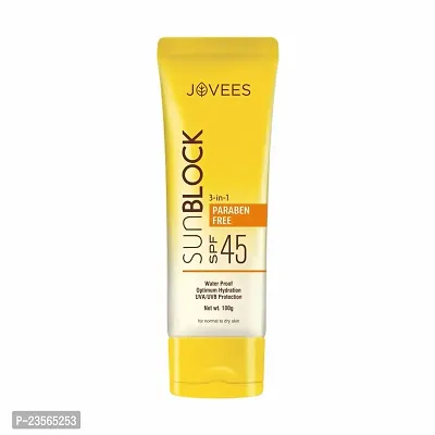 Jovees Herbal Sun Block Sunscreen SPF 45 | For Dry Skin | Lightweight And Water Proof | UVA/UVB Protection, Moisturization | For Women/Men 100G