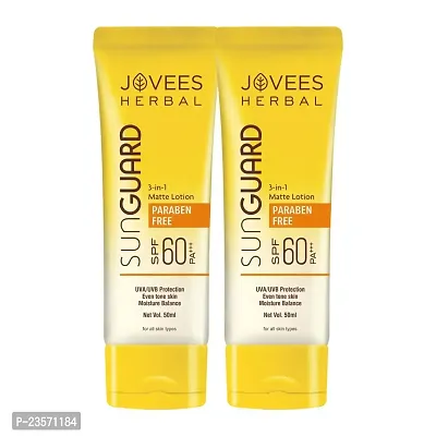 Jovees Herbal Sun Guard Lotion SPF 60 PA++++ | 3 in 1 Matte Lotion | Daily Use, UVA/UVB Protection, Moisture Balance, Even Tone Skin | Boot star 4 Rating | For Women/Men 50 ML (Pack of 2)