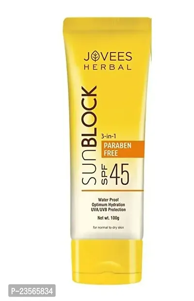 Jovees Herbal Sun Block Sunscreen SPF 45 | For Dry Skin | Lightweight And Water Proof | UVA/UVB Protection, Moisturization| Paraben and Alcohol Free | For Women/Men | 100GM