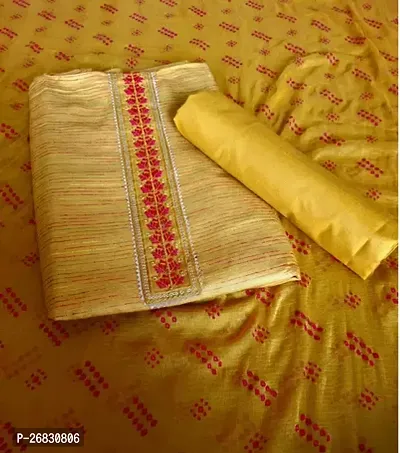 Elegant Yellow Cotton Printed Dress Material with Dupatta For Women