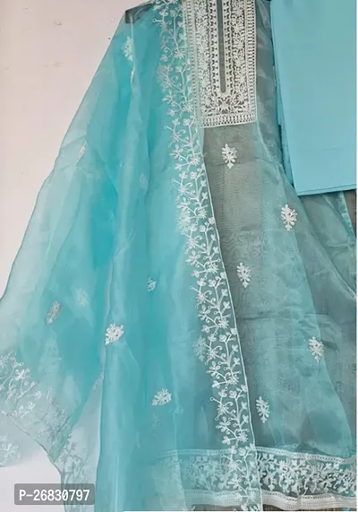 Elegant Blue Cotton Embroidered Dress Material with Dupatta For Women-thumb0