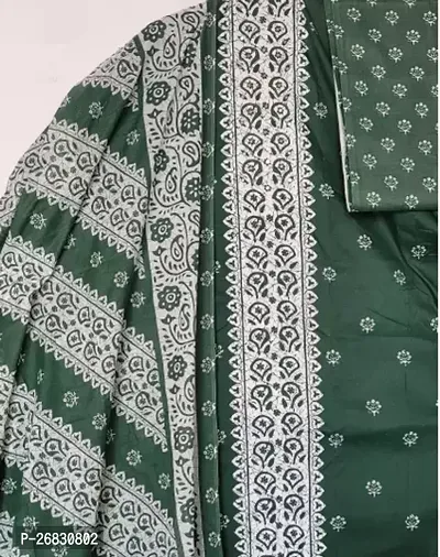 Elegant Green Cotton Printed Dress Material with Dupatta For Women