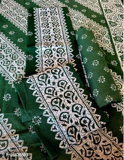 Elegant Green Cotton Printed Dress Material with Dupatta For Women
