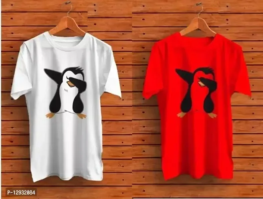 Penguin T-shirt Men Graphic Print Round Neck White, Red T-Shirt Pack Of 2
