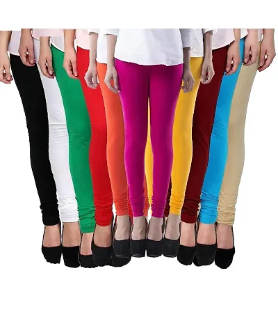 Fablab Women's Churidar Leggings, Lycra, Combo Pack of 10_(Freesize, Black,White,Green,Red,Orange,Pink,Yellow,Maroon,Nevyblue,Beige.)