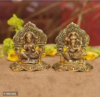 Laxmi Ganesh Metal Idol Lakshmi Ganesh pair Gold plated Laxmi Ganesh Murti Pooja Home and office decorative Showpiece-thumb0