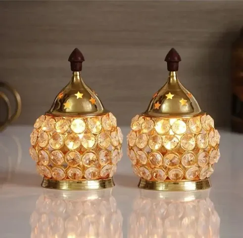 Akhand Diya Decorative Brass Crystal Oil Lamp, Oval Shape Diwali Gifts Decorative Showpiece