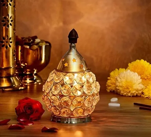 Akhand Diya Decorative Brass Crystal Oil Lamp, Oval Shape Diwali Gifts Decorative Showpiece