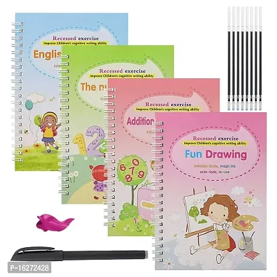 VALORA Magic Practice Copybook, (4 BOOK + 10 REFILL+ 1 Pen +1 Grip) Number Tracing Book for Preschoolers with Pen, Magic Calligraphy book Set Practical Reusable Writing Tool Simple Hand Lettering Book
