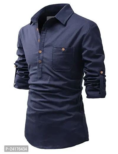Reliable Navy Blue Cotton Solid Short Length Kurta For Men-thumb0