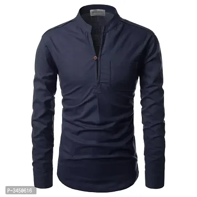 Men's Navy Blue Cotton Solid Long Sleeves Slim Fit Casual Shirt-thumb0